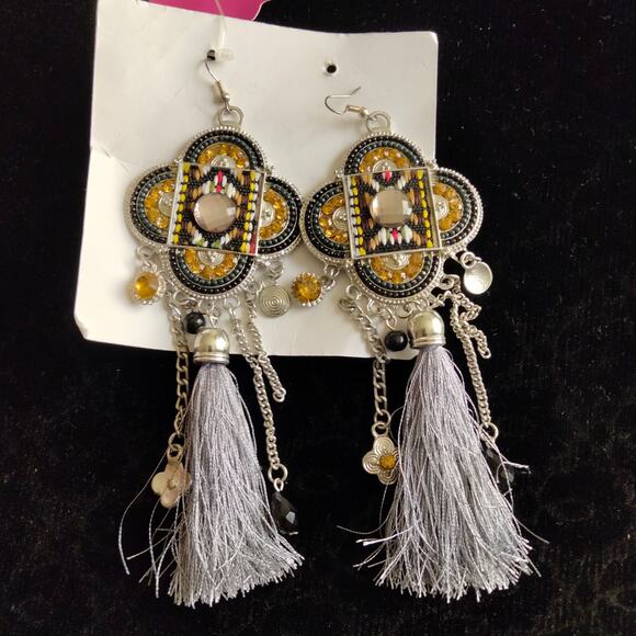 Iris Apfel & Bajalia Gray & Silver Embellished Tasseled HUGE Statement Earrings - Picture 10 of 11